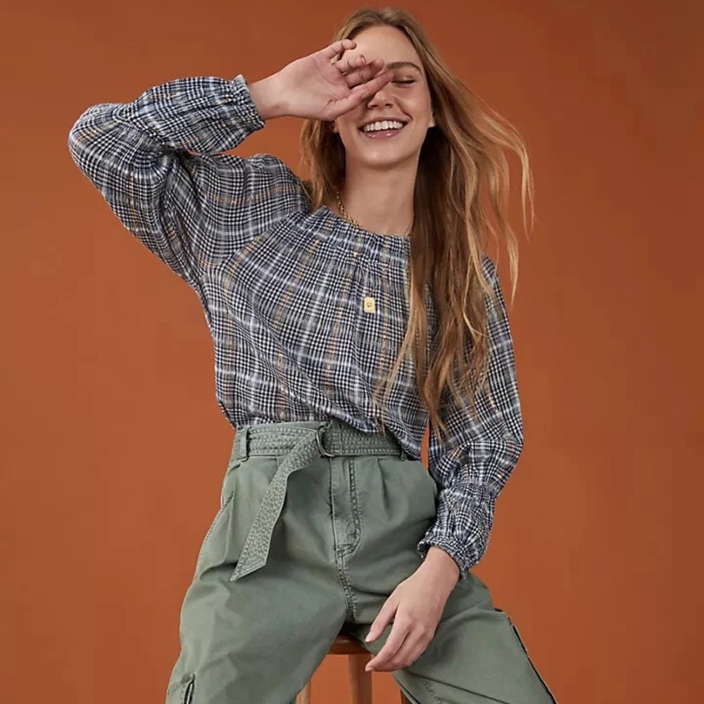 NEW Anthropologie Pilcro Plaid Shari Smocked Cotton Blouse